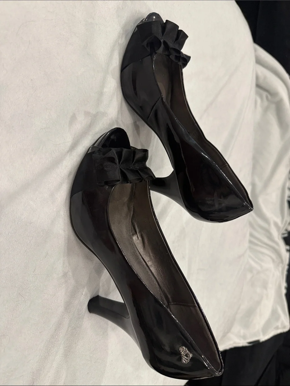 Fergalicious Black Patent Peep-Toe Heels with Ruffle Bow